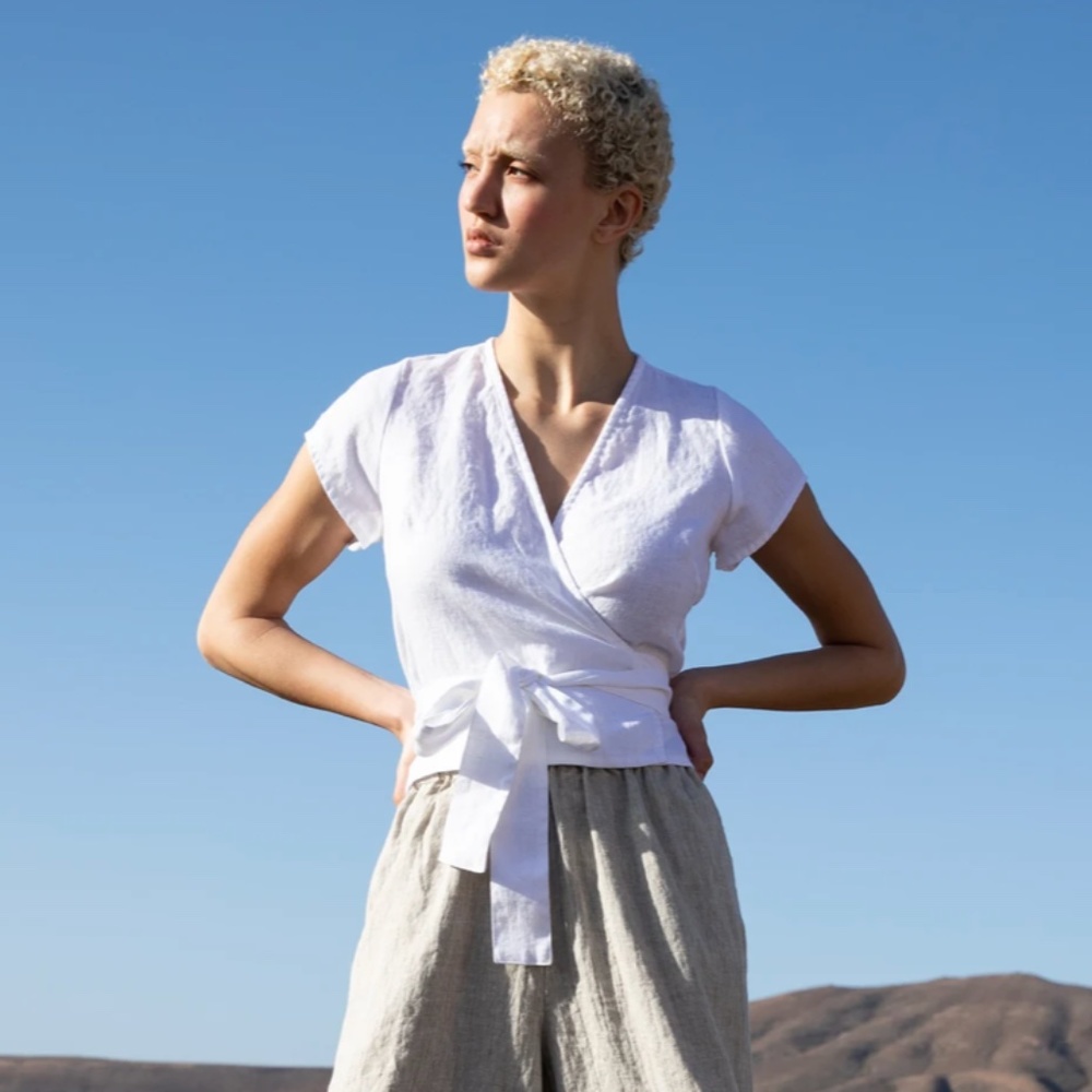 Linen Wrap Top in Dove Gray, handmade by not PERFECTLINEN, size S